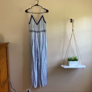 Blue Striped Embroidered Jumpsuit